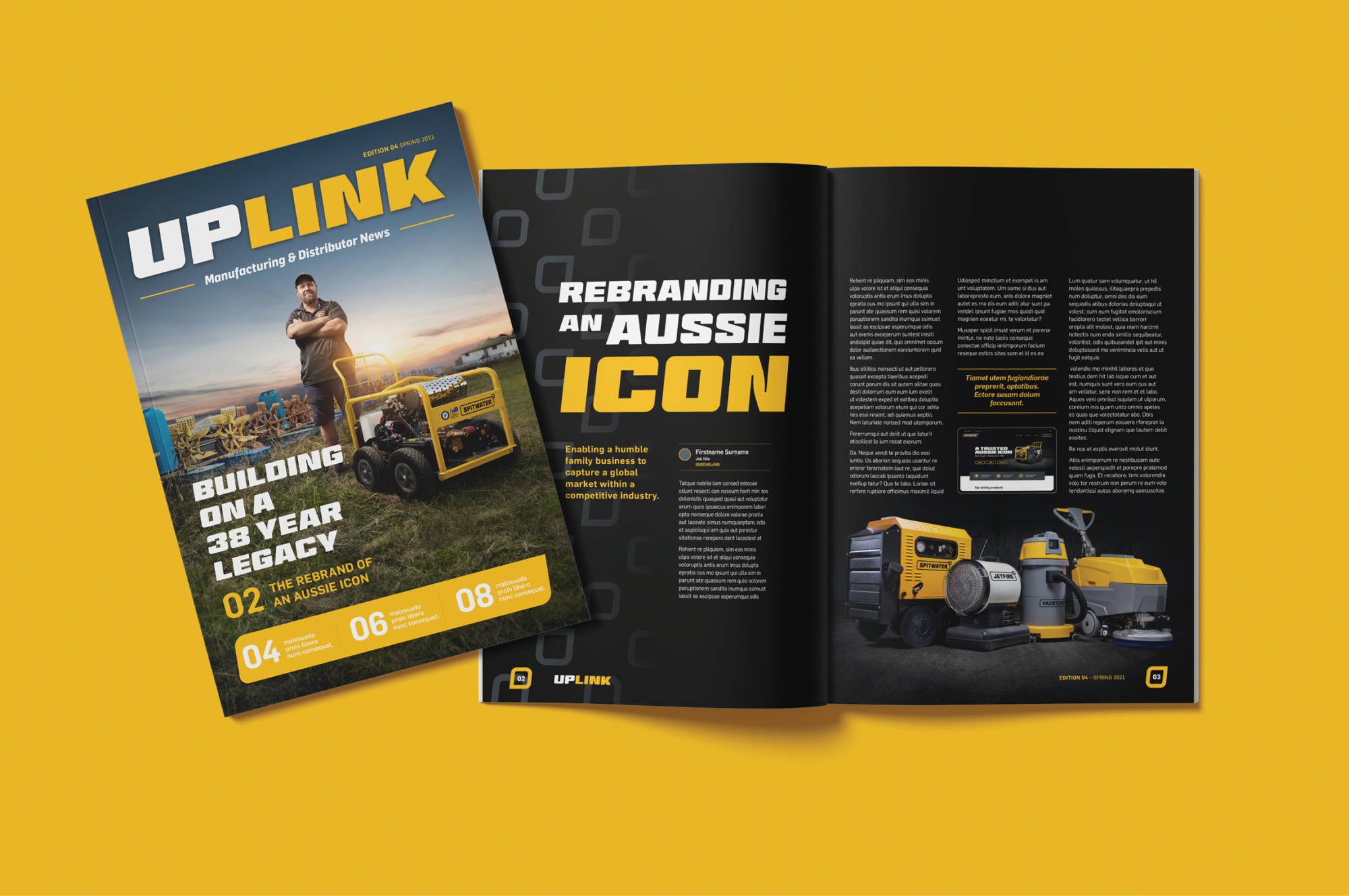 Brand renaming strategy for yellow and black Spitwater shown in brochure with products